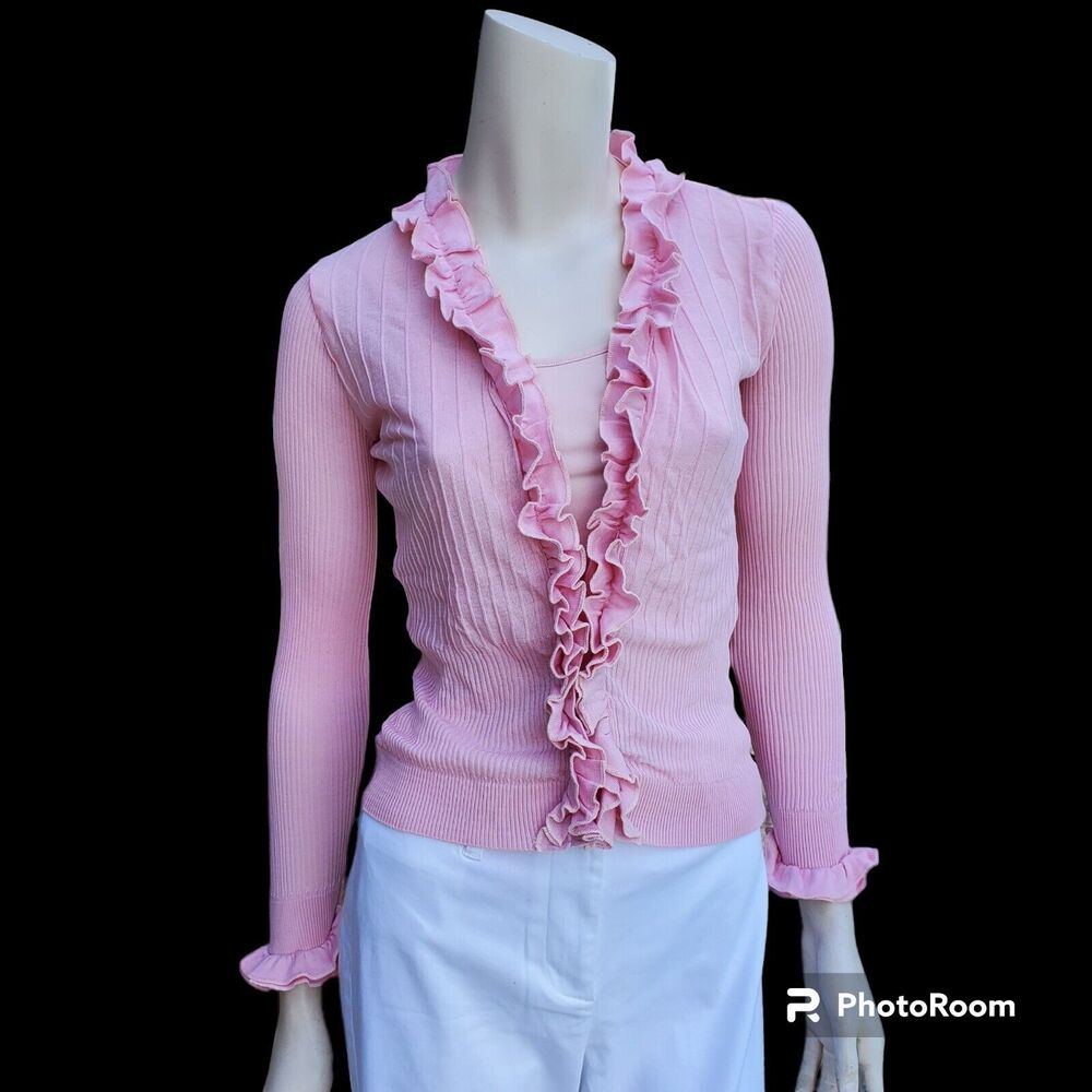 :: 2 PIECES :: ANNE FONTAINE Ruffled Parfaite Ribbed Cardigan Sweater 40 US 6/8